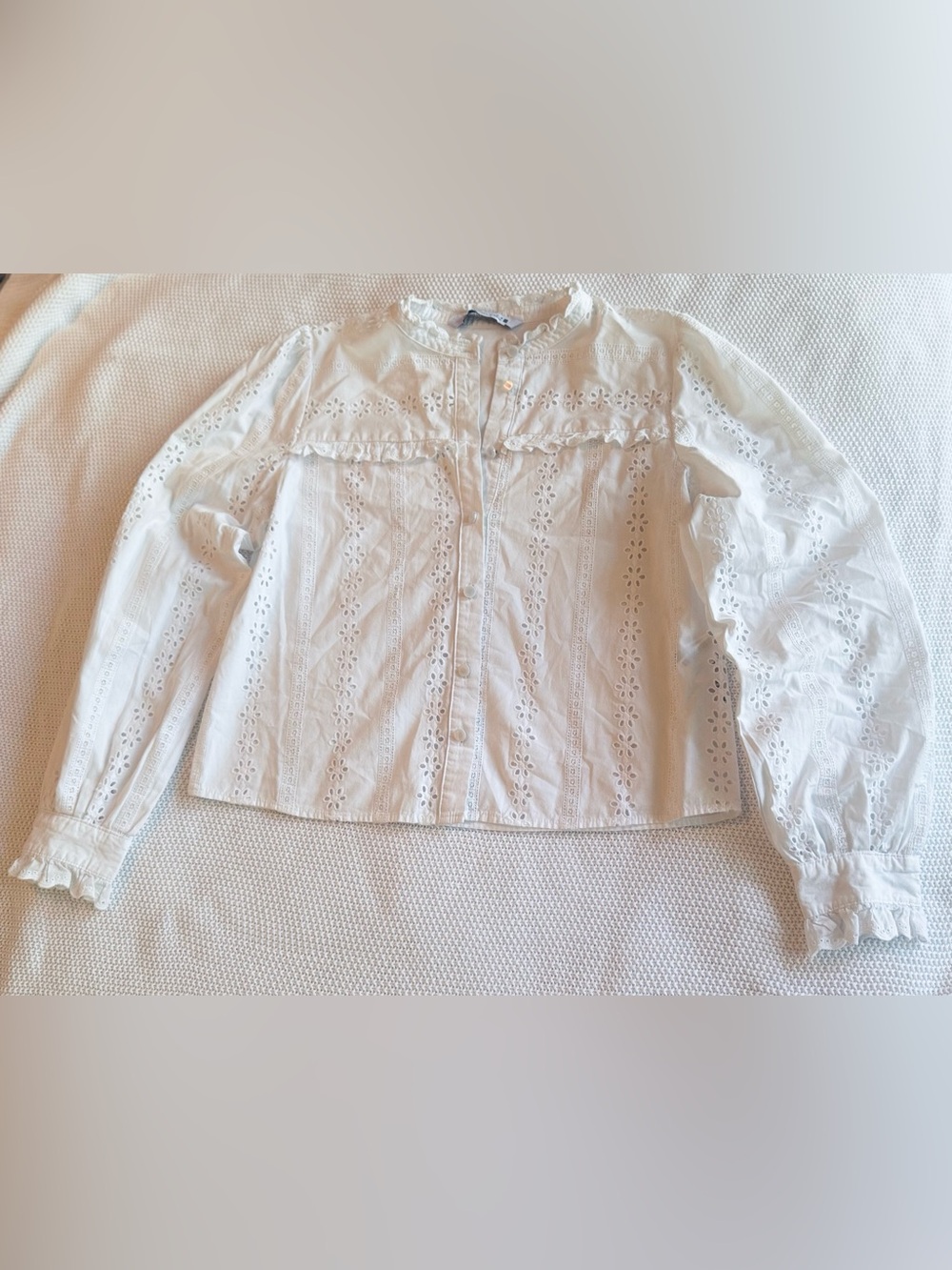 ZARA White Eyelet Lace Blouse w Ruffle Trim Feminine Womens Top - Picture 3 of 14
